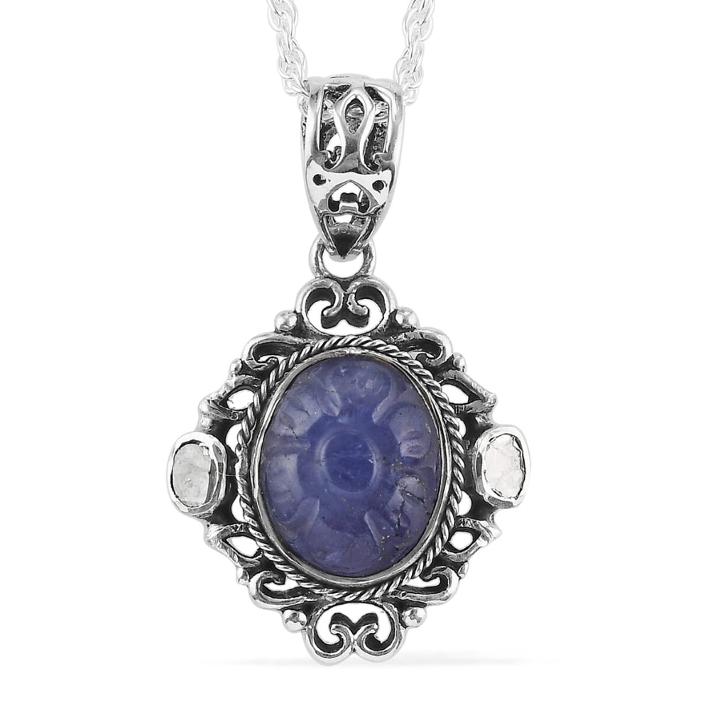 NWT TANZANITE & POLKI DIAMOND PENDANT ON 20" NECKLACE IN STERLING SILVER